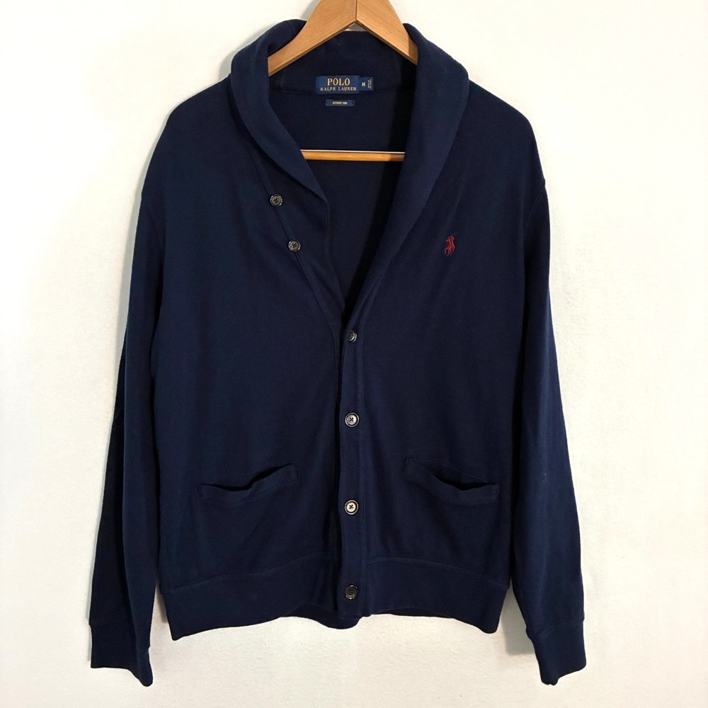 Polo Ralph Lauren Estate Rib Cardigan Sweater Men's M Navy Shawl Collar Preppy